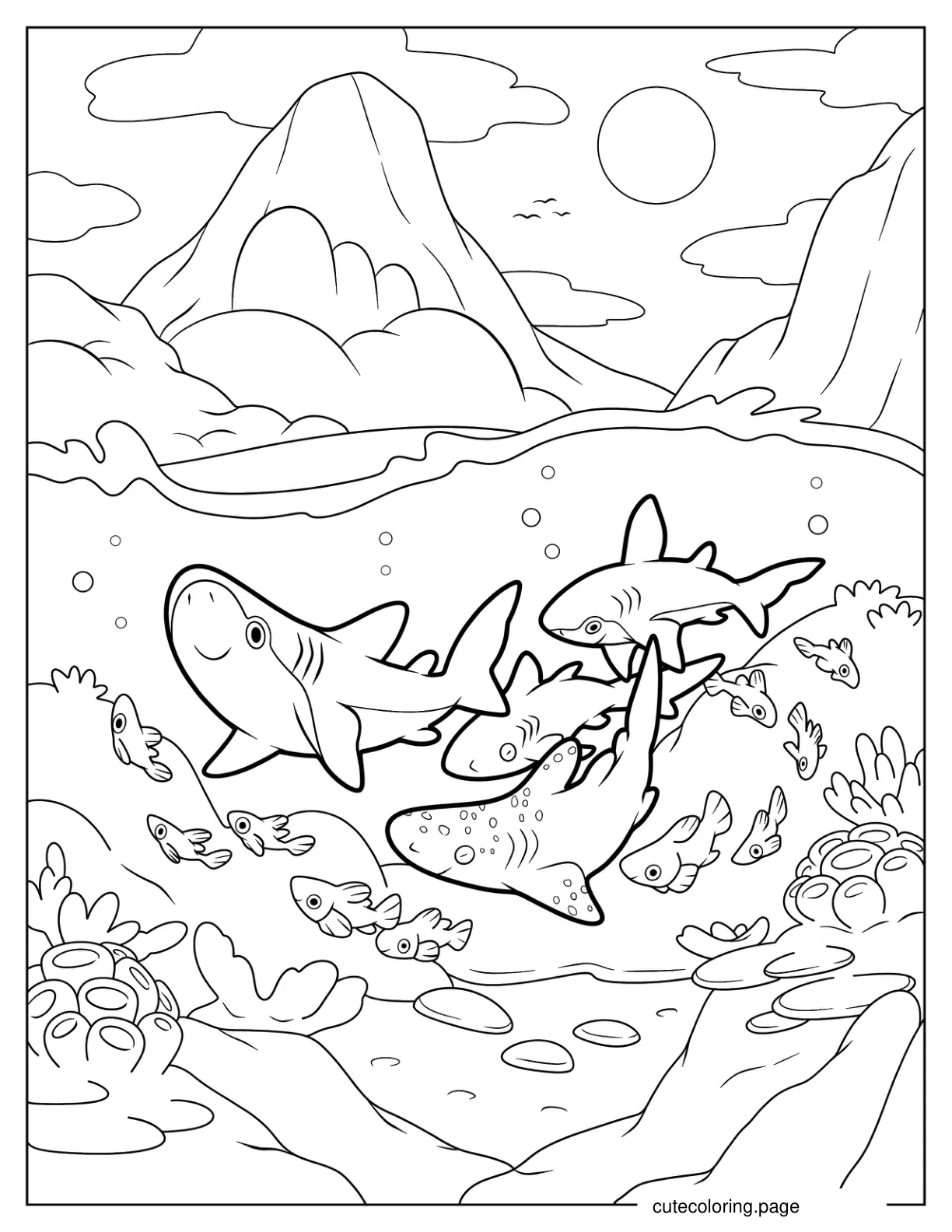 Sharks And Fish Beneath The Water Surface Coloring Sheet coloring page