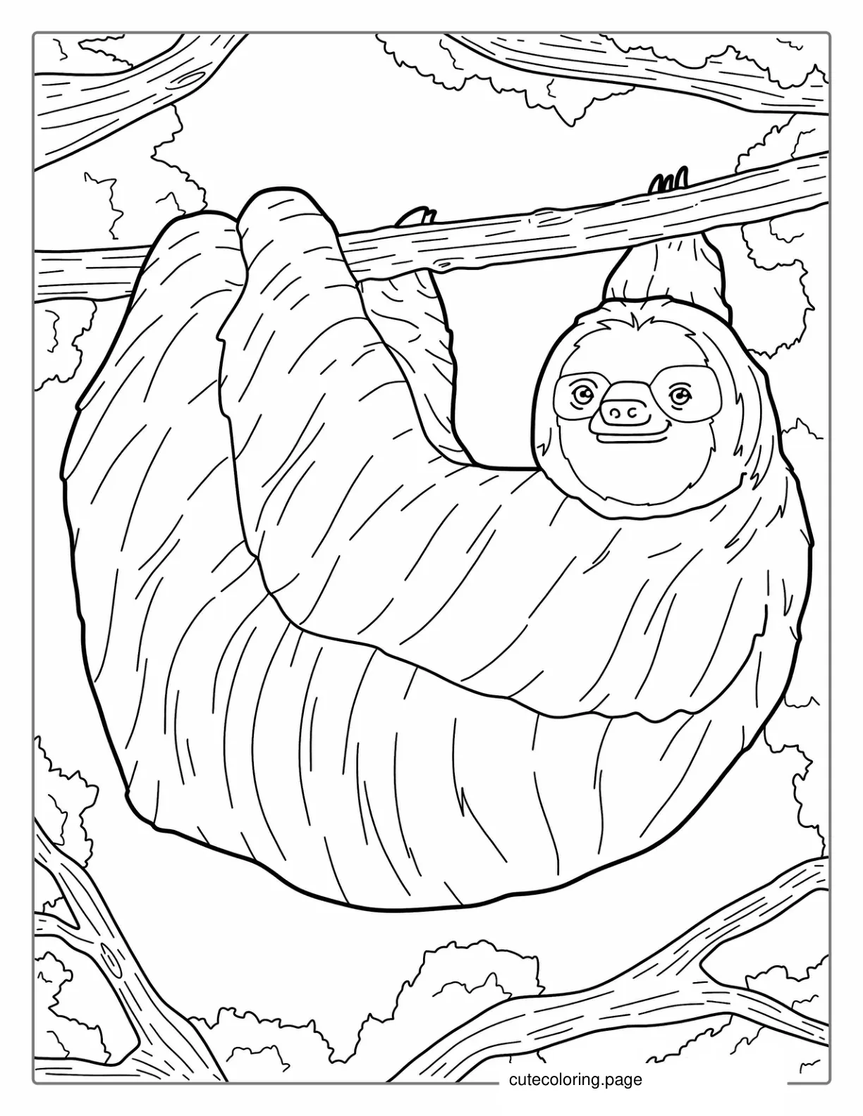 Adult Sloth Smiling And Hanging From Tree coloring page