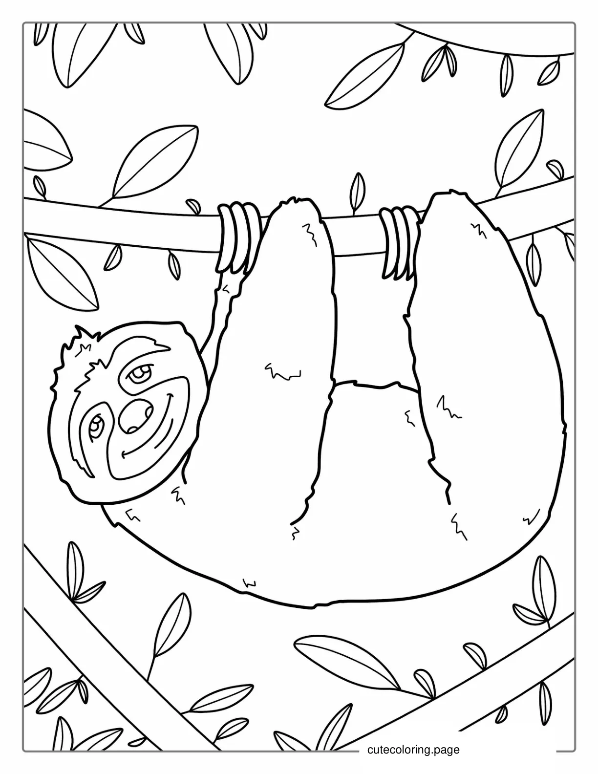 Cute Sloth Hanging From Tree To Color For Kids coloring page