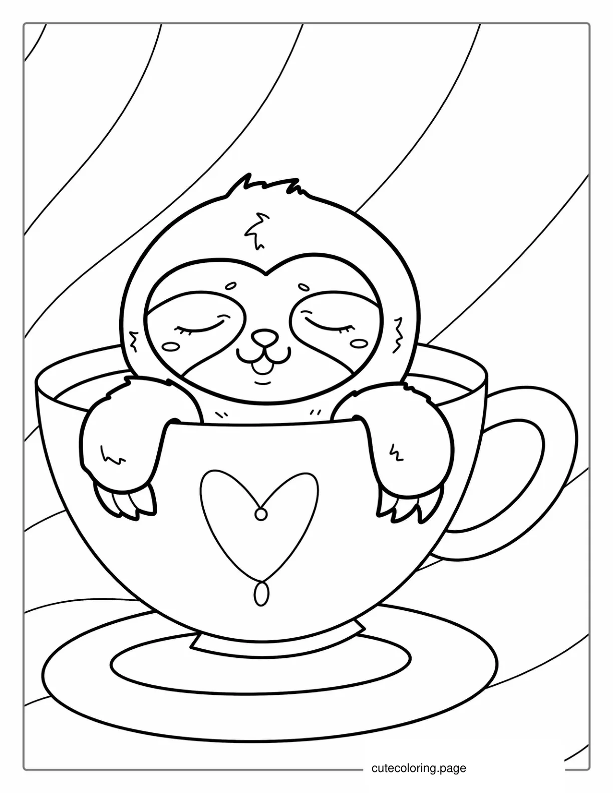 Kawaii Sloth Sitting In Teacup Coloring For Preschoolers coloring page