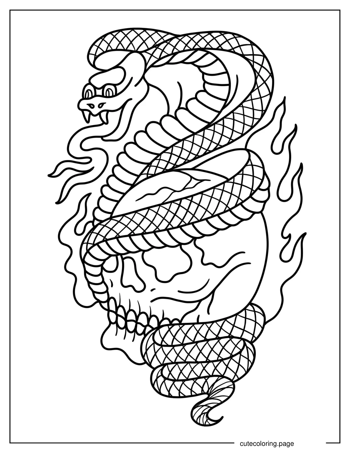 Flaming Skull With Snake coloring page