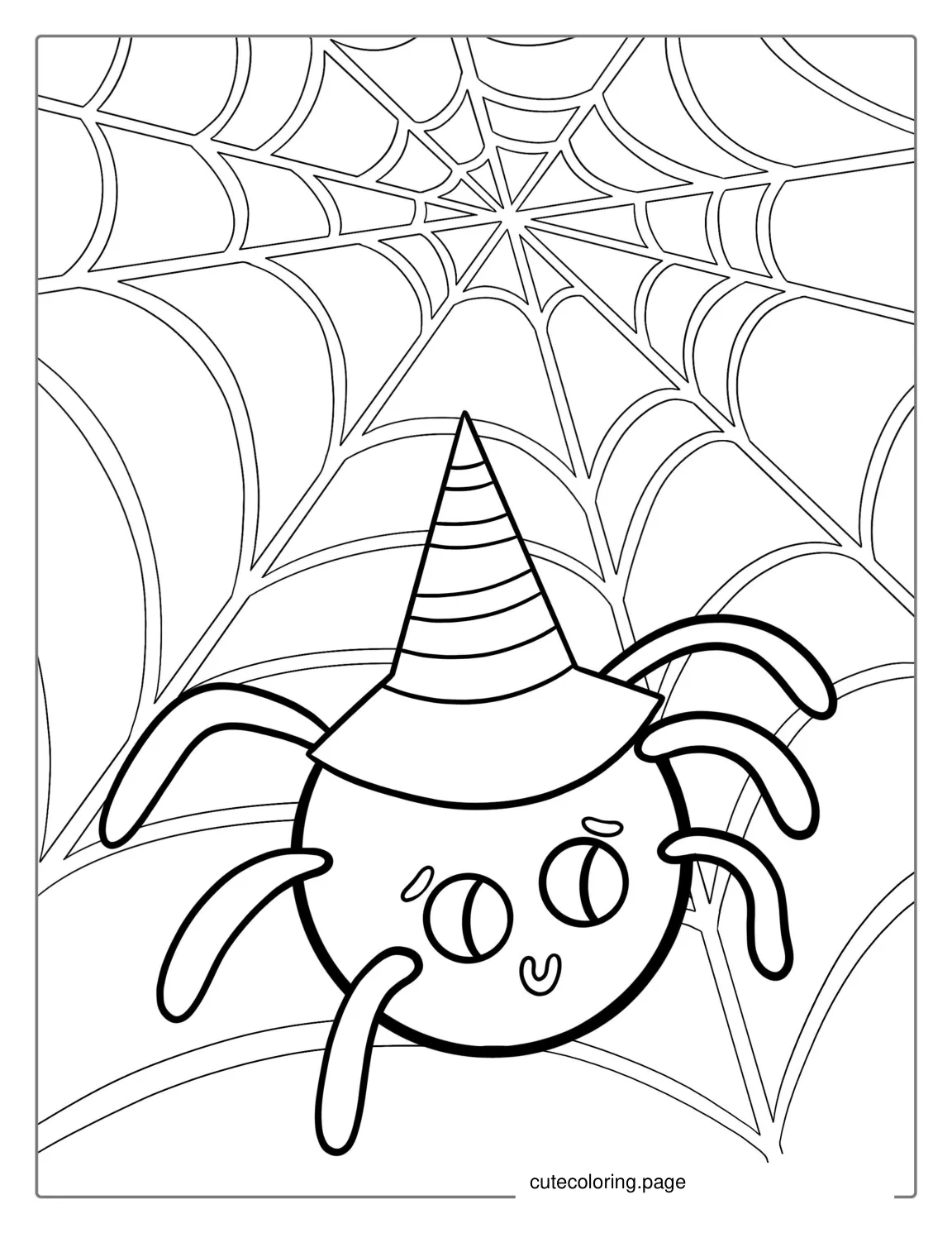 Outline Of Spider On Web Wearing Witches Hat coloring page