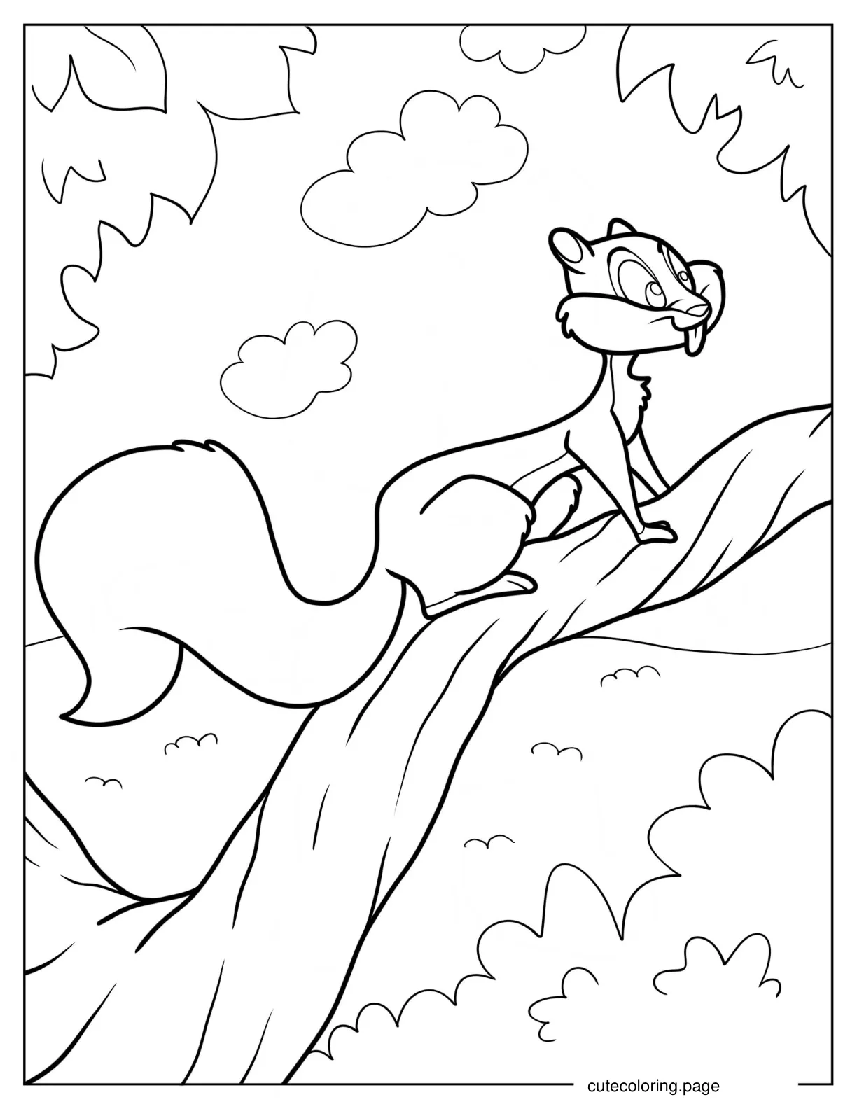 Cartoon Squirrel Climbing Tree Branch Coloring Page For Kids coloring page