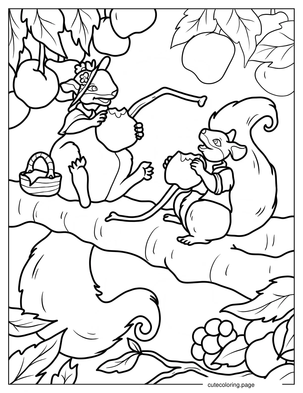 Mother And Son Cartoon Squirrel Eating Cherrie Coloring Page coloring page