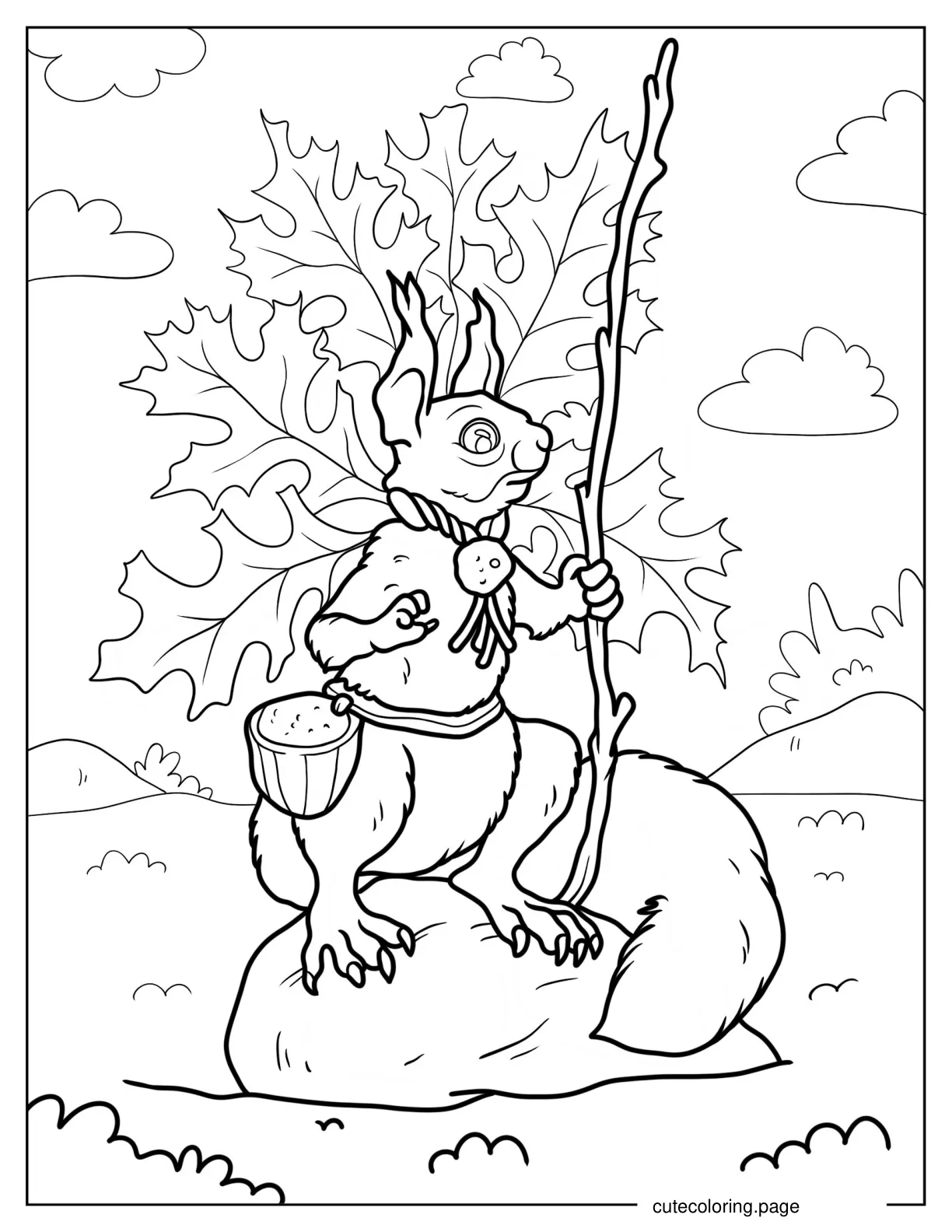 Squirrel Holding Stick And Wearing Basket For Collecting Nuts coloring page