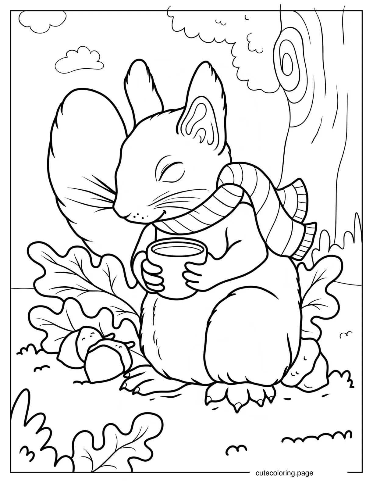 Squirrel Sitting On Fall Leaves With Scarf And Hot Drink coloring page