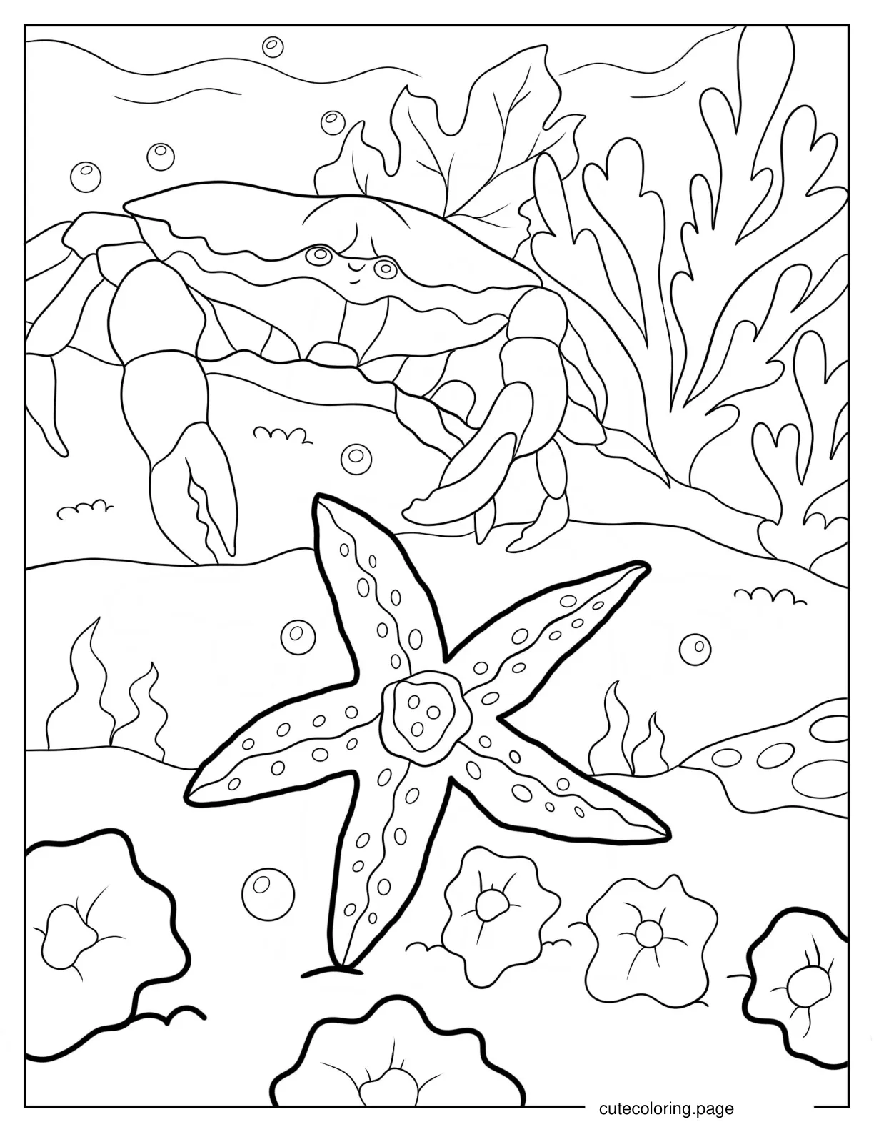 Cartoon Crab Approaching Starfish At Sea Coloring Sheet coloring page