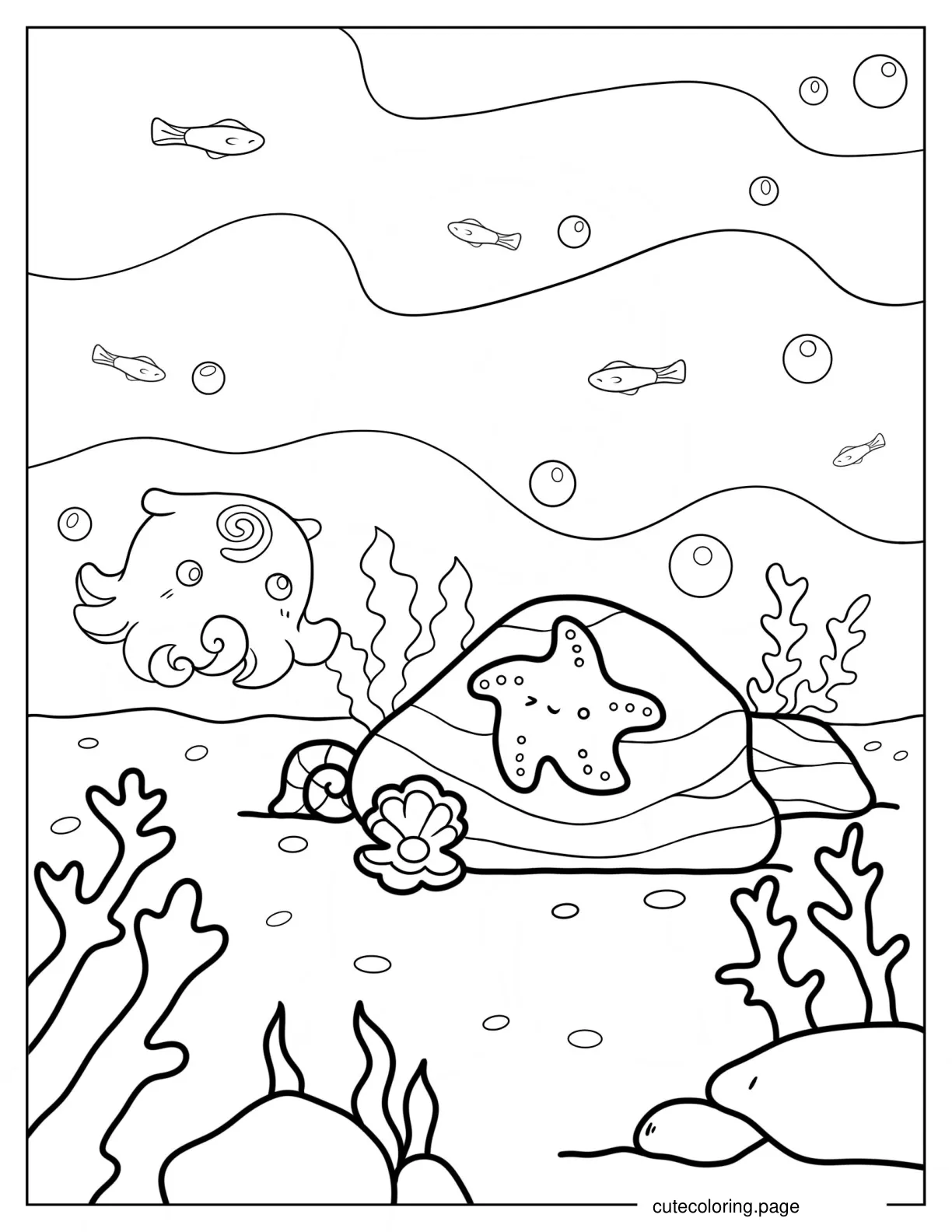 Cute Starfish On Rock Beside Octopus Coloring Page For Preschoolers coloring page