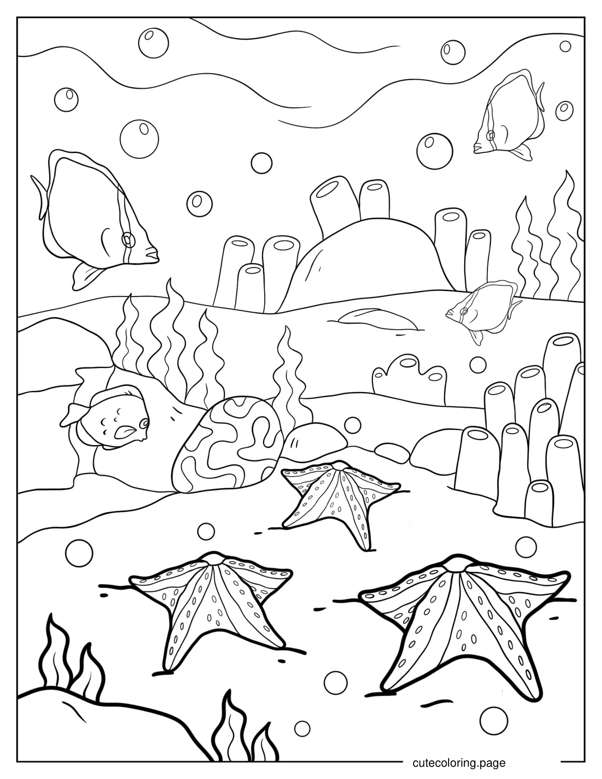 Realistic Starfish On Seafloor With Fishes Coloring Page coloring page