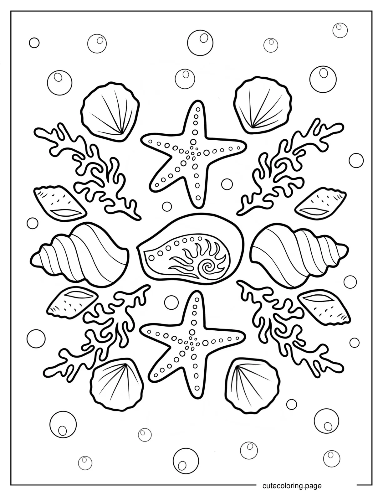 Starfish With Seashells And Seaweeds Coloring Page coloring page