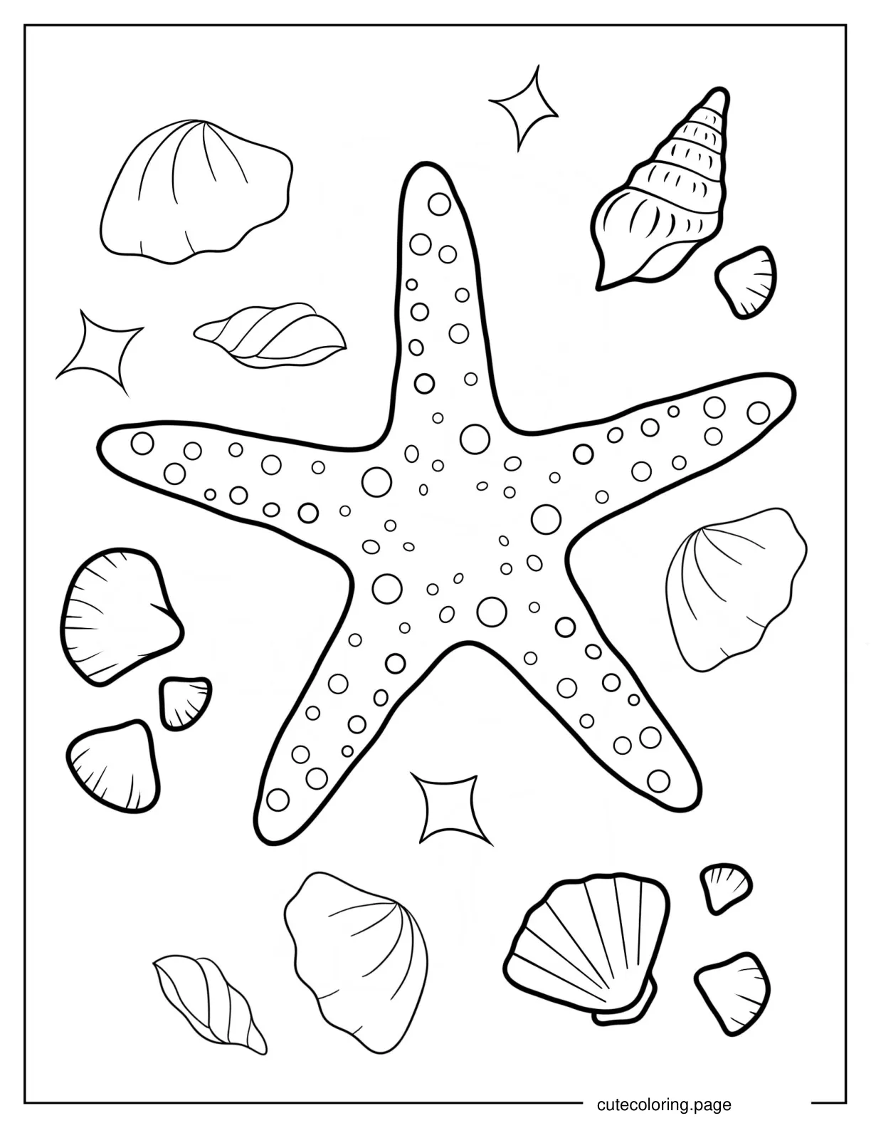 Textured Starfish With Seashells Coloring Sheet coloring page