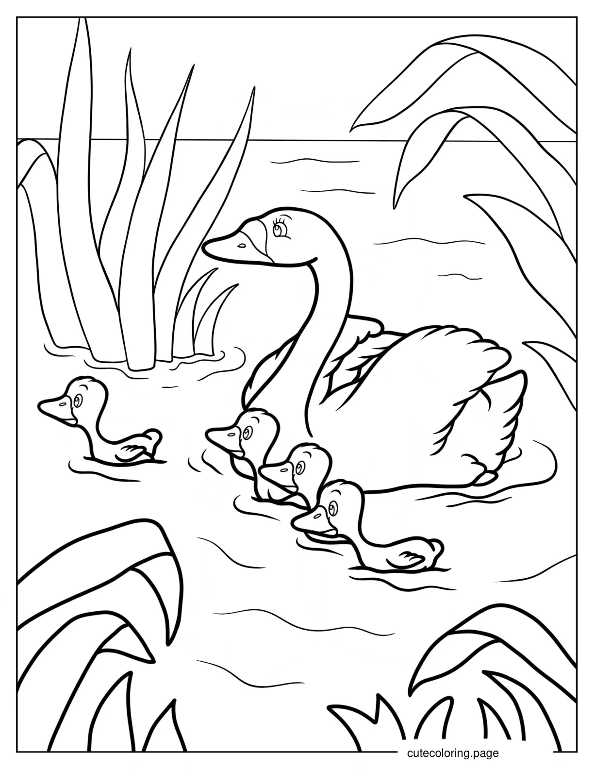 Mama Swan With Baby Cygnets Coloring Page coloring page