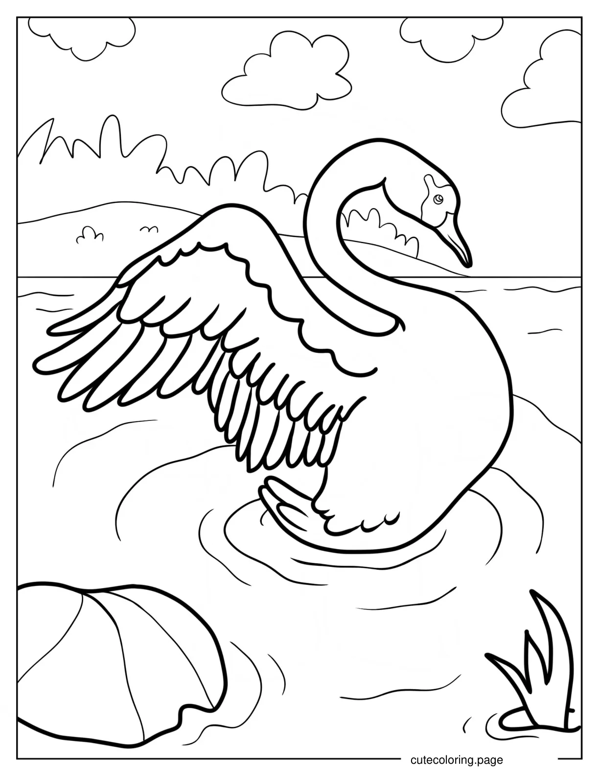 Realistic Adult Swan Slapping Wings In Pond Coloring Page coloring page