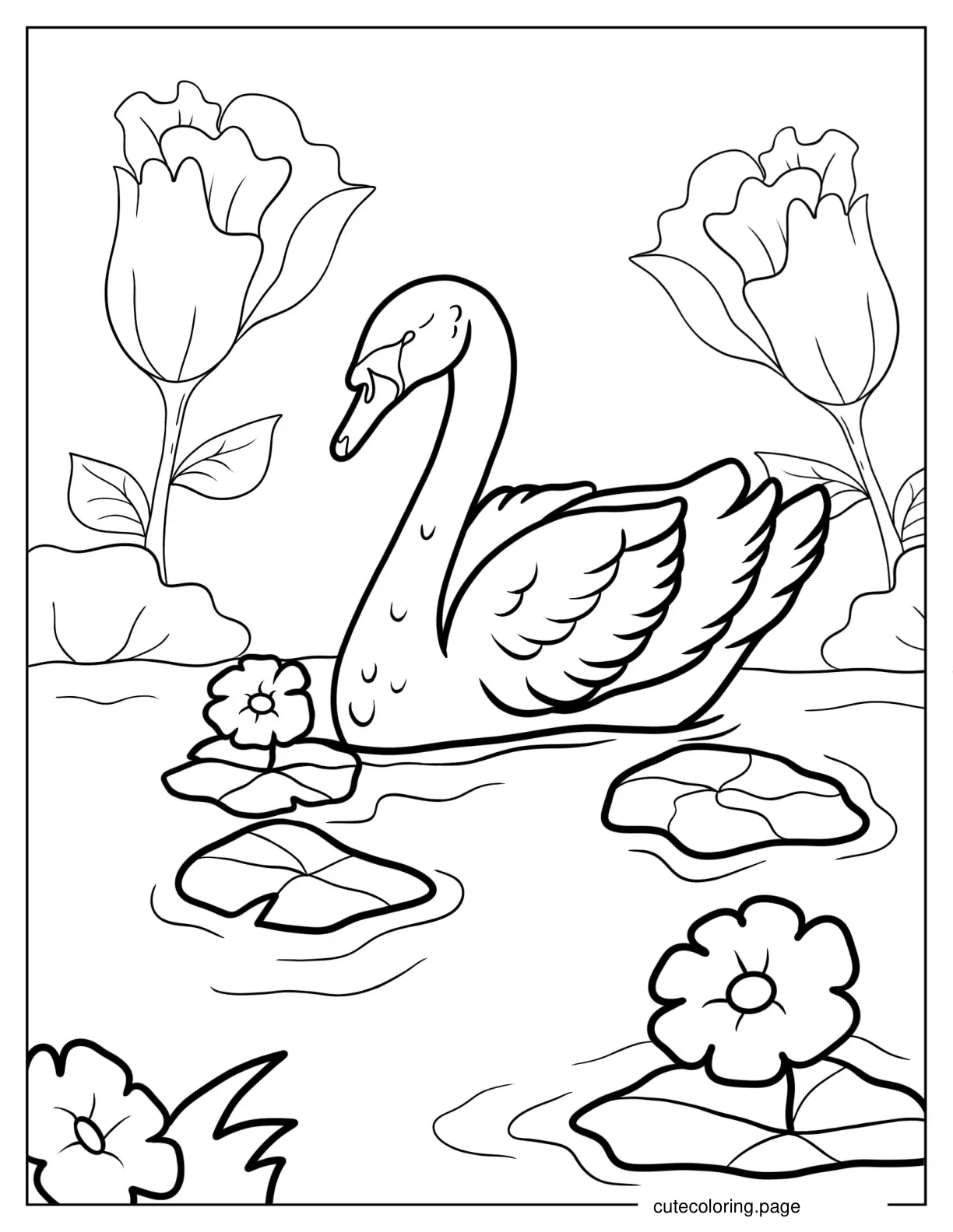 Regal Swan Floating In Pond With Large Flowers Coloring Page coloring page