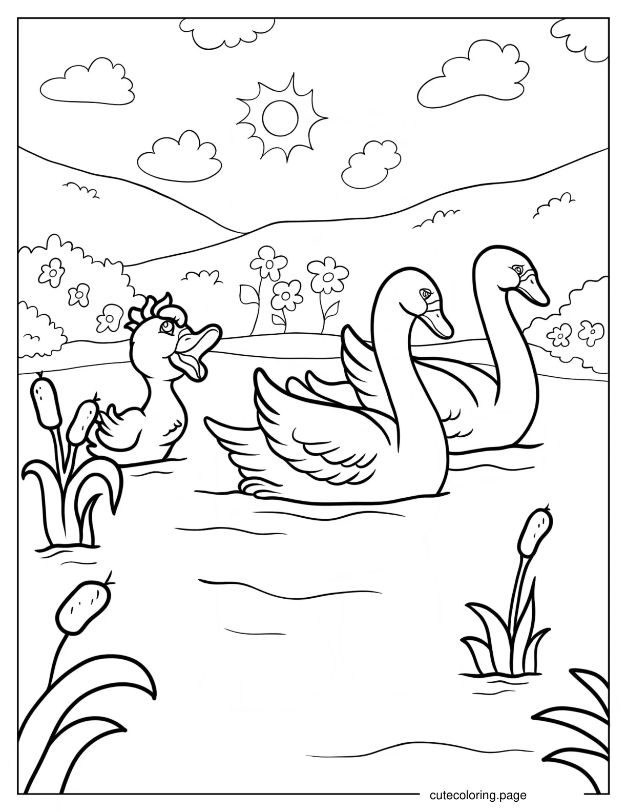 Swans Swimming Away From Ugly Duckling coloring page