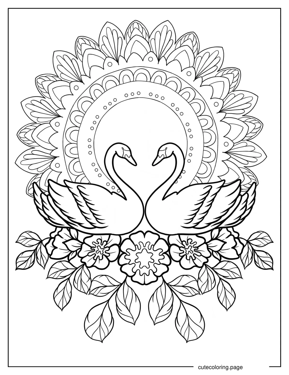 Twin Swans In Front Of Flower Mandala Coloring Page coloring page