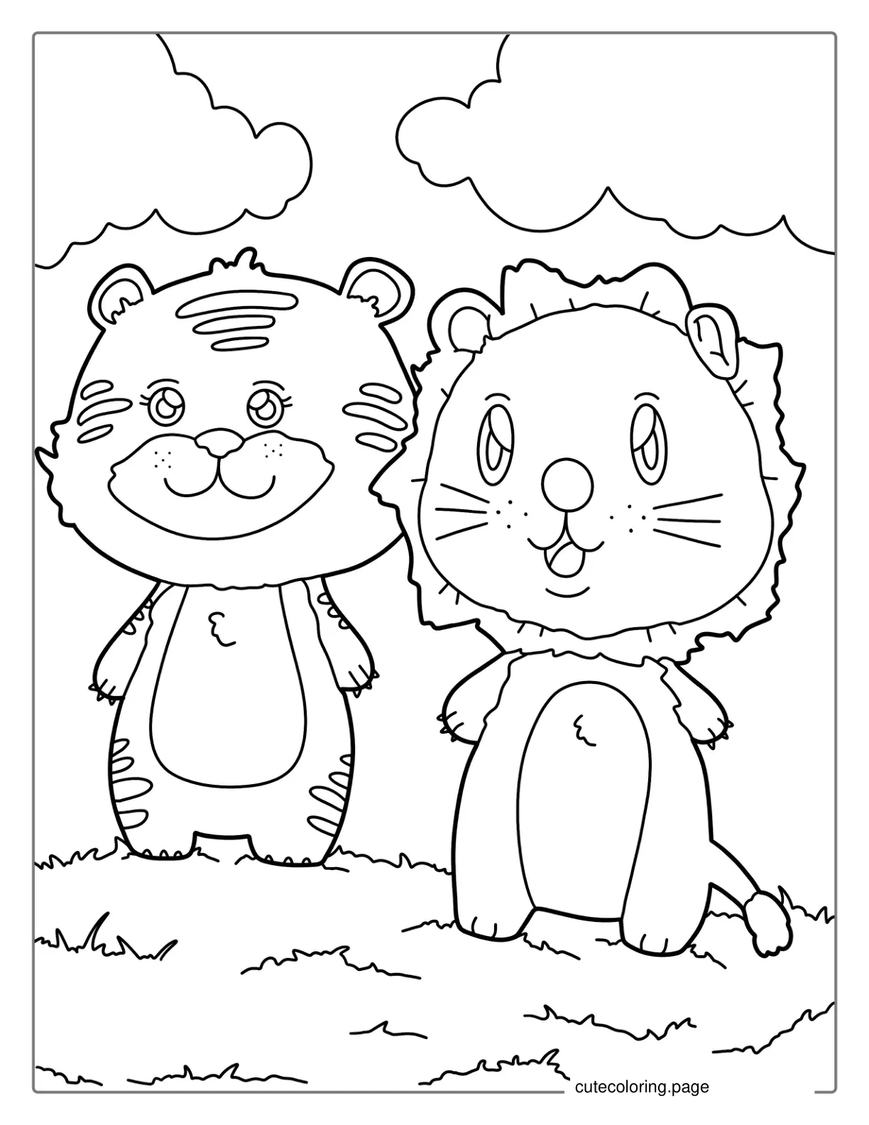 Two Cute Kawaii Tigers Standing On Grass coloring page