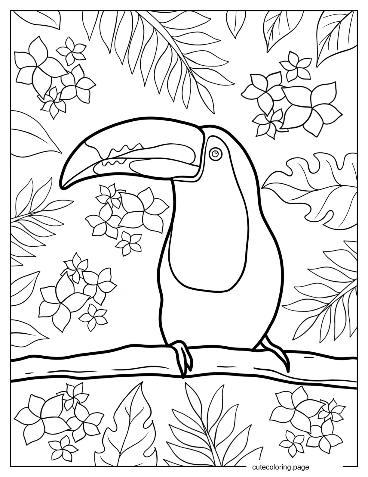 Easy Toucan With Flowers And Leaves Coloring Sheet 1 coloring page