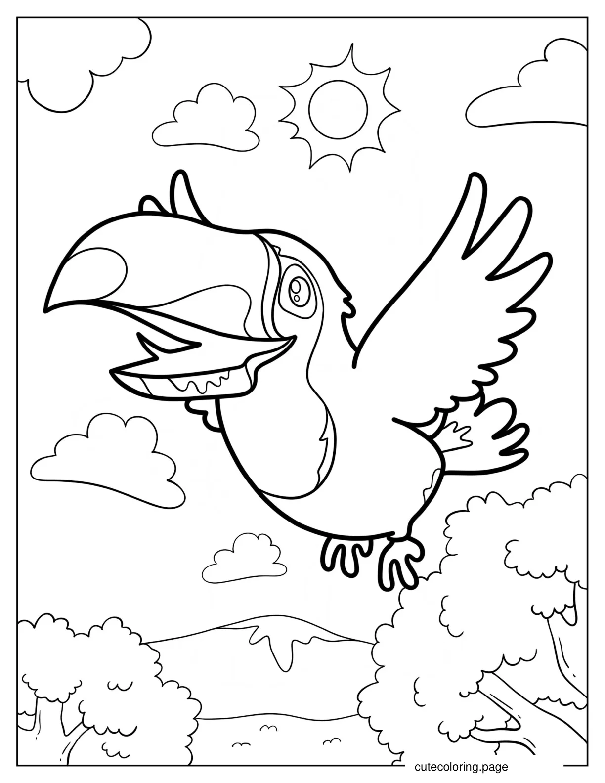 Happy Cartoon Toucan Flying Coloring Page For Preschoolers 1 coloring page