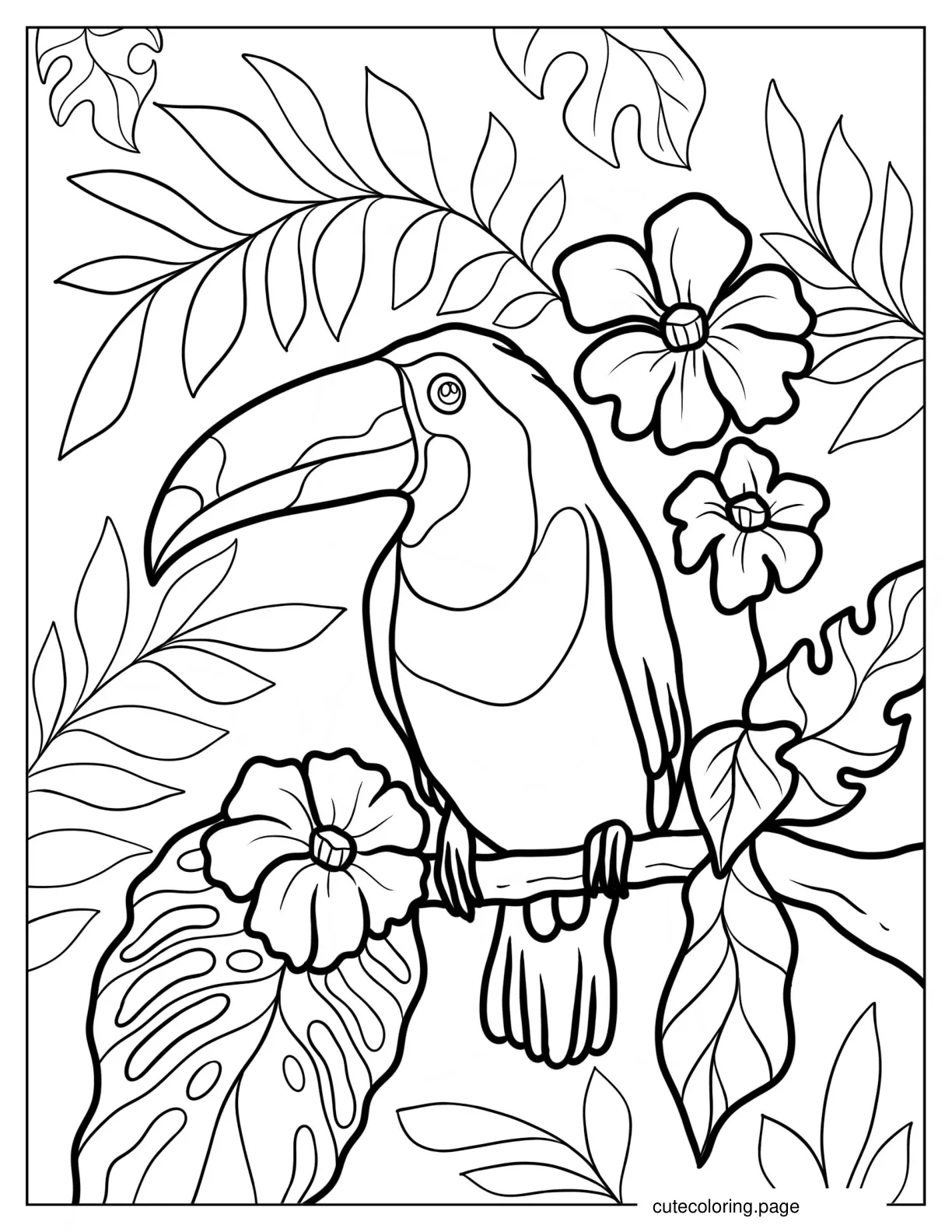 Realistic Toucan Perched On Branch With Flowers 1 coloring page