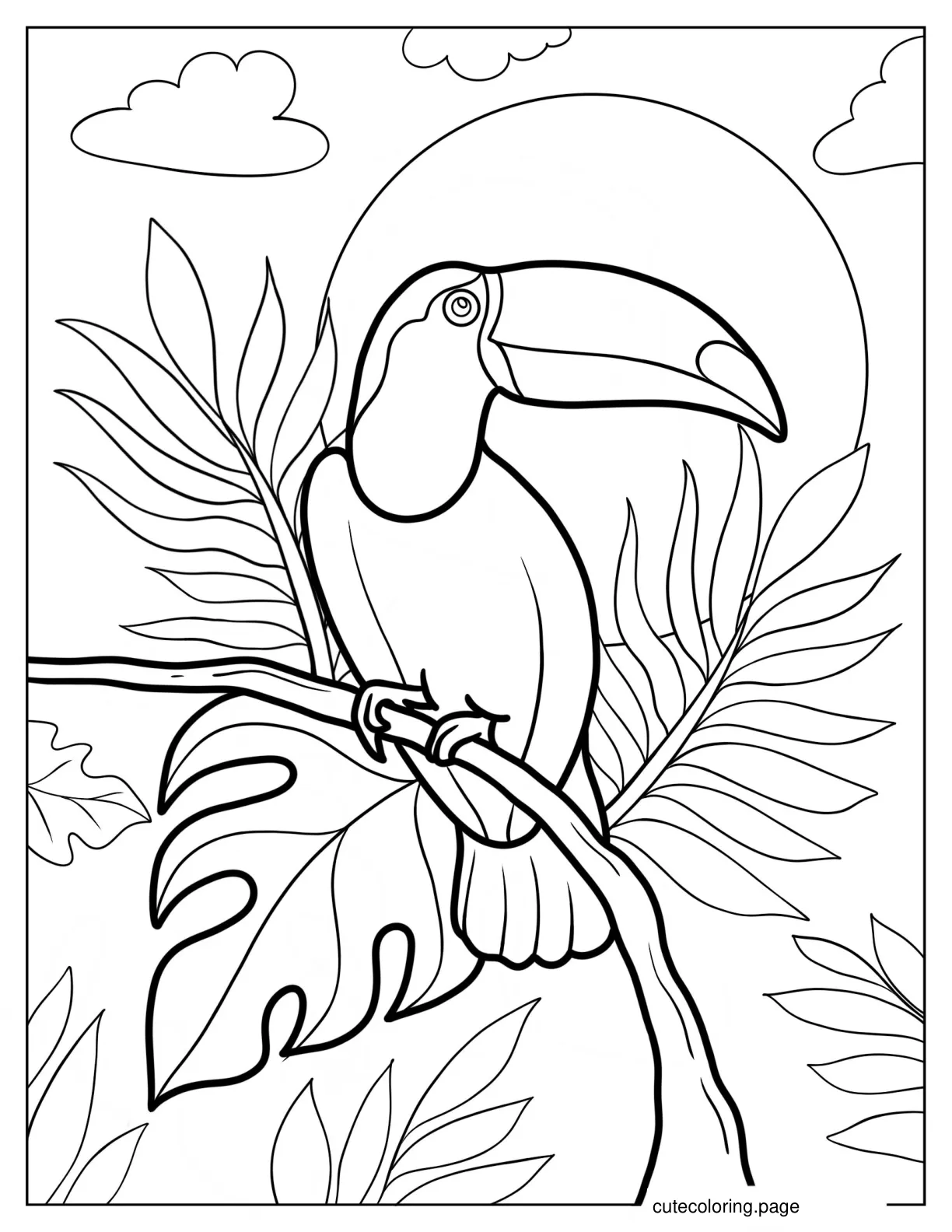 Toucan Perched On Branch In Front Of Sun Coloring Page 1 coloring page