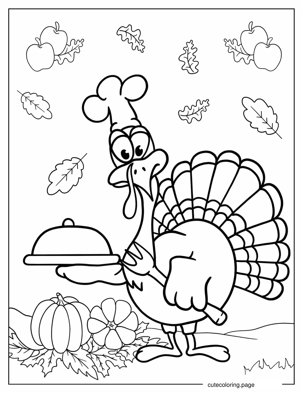 Chef Turkey Holding Fork And Plate With Dome coloring page