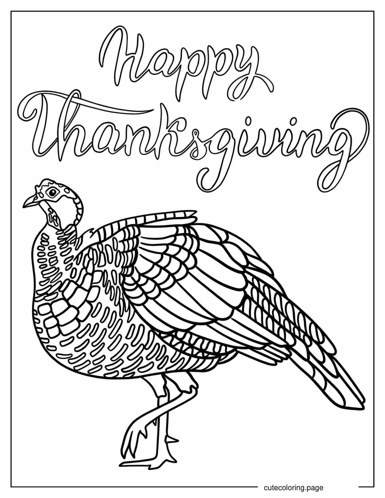 Coloring Page Of Realistic Turkey Below Happy Thanksgiving Sign coloring page