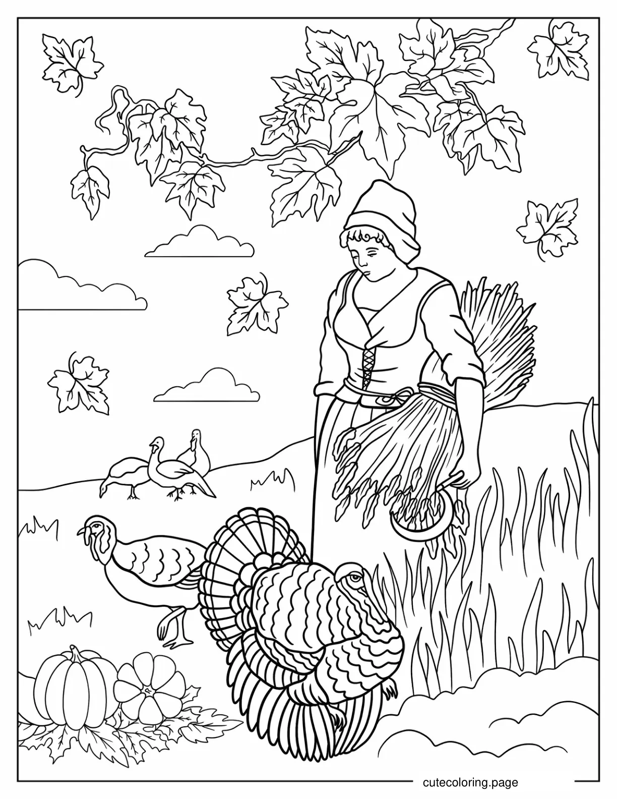 Coloring Page Of Woman In Field With Turkeys coloring page