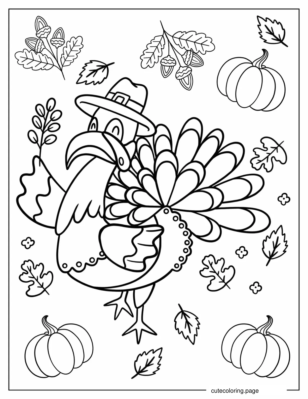 Cute Turkey Holding Fall Leaf Coloring Page coloring page