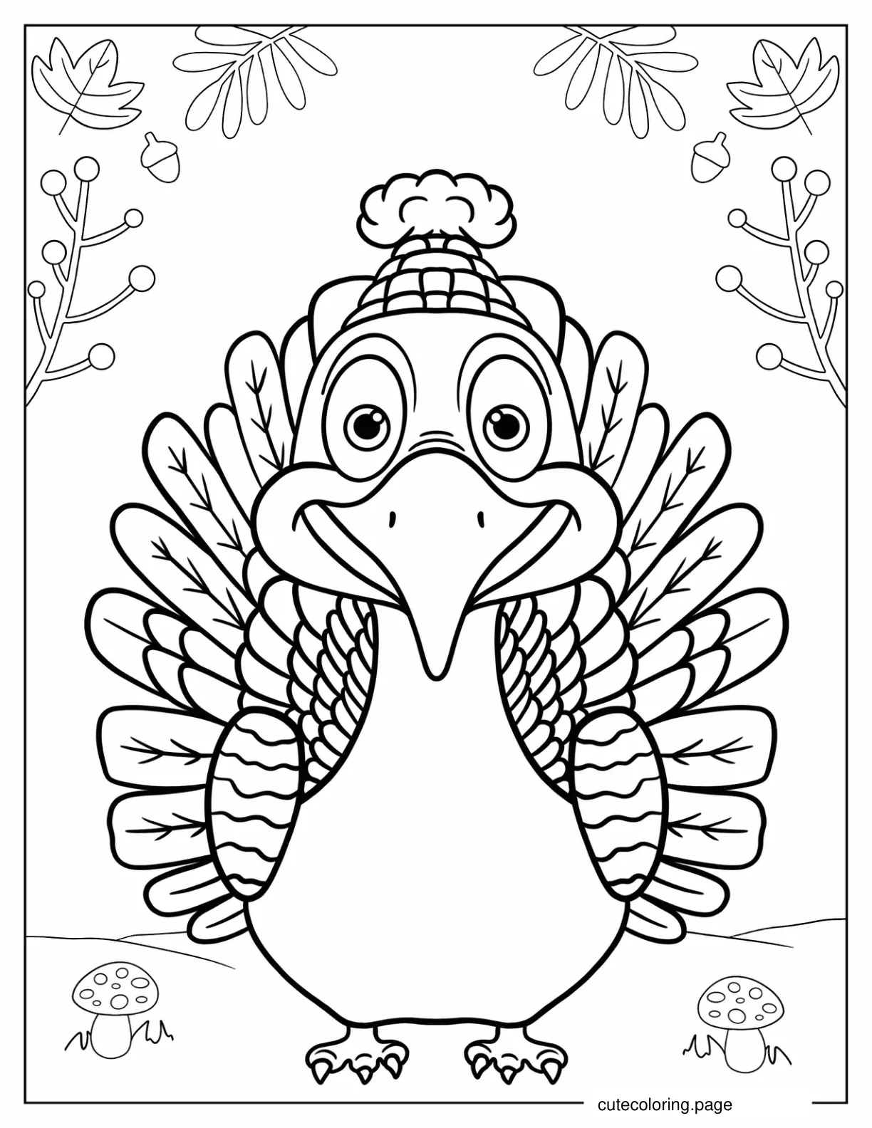 Cute Turkey Wearing Beanie Coloring In For Kids coloring page