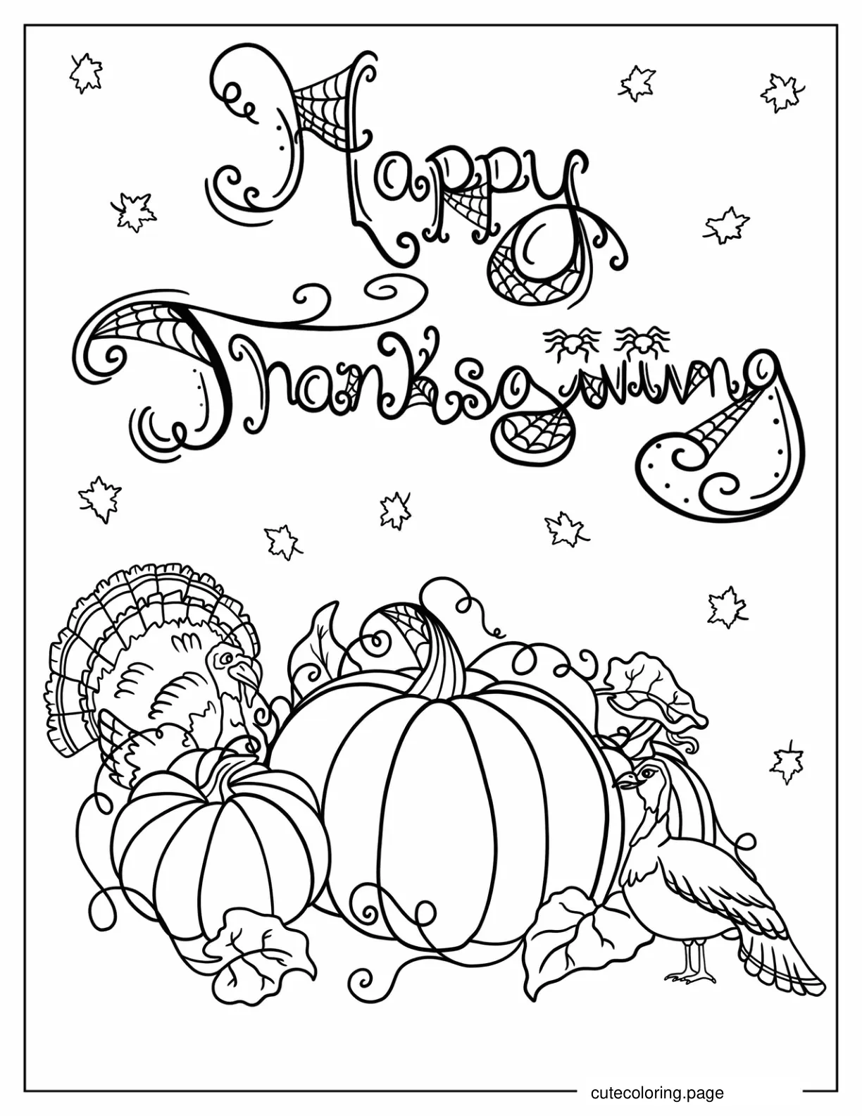 Happy Thanksgiving With Turkeys And Pumpkins Coloring Sheet coloring page