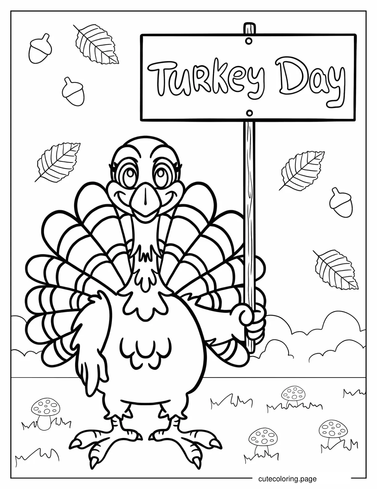 Kawaii Turkey Holding Turkey Day Sign coloring page