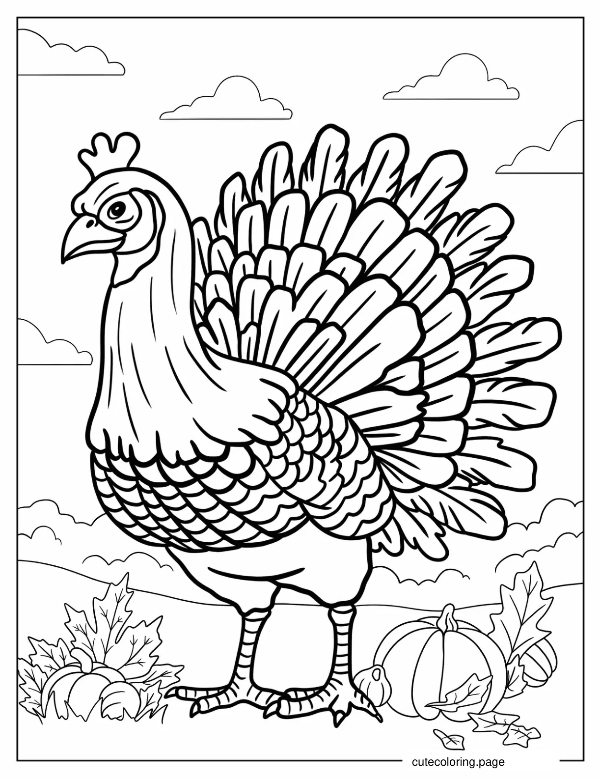 Realistic Turkey Beside Pumpkins Coloring Page coloring page