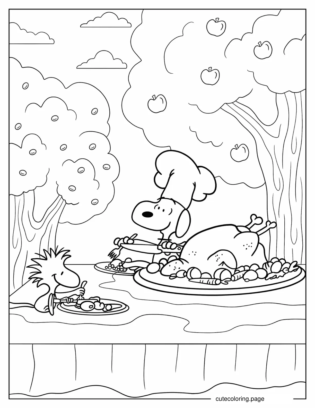 Snoopy And Woodstock Eating Thanksgiving Turkey coloring page