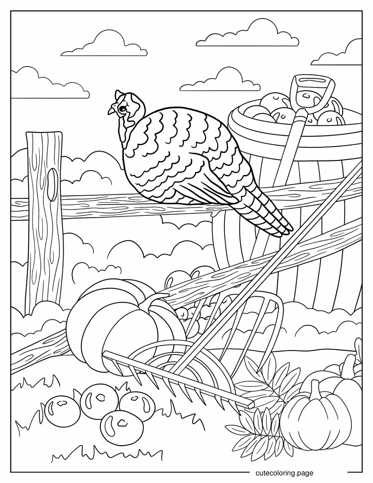 Turkey Sitting On Fence With Pumpkins On The Ground coloring page