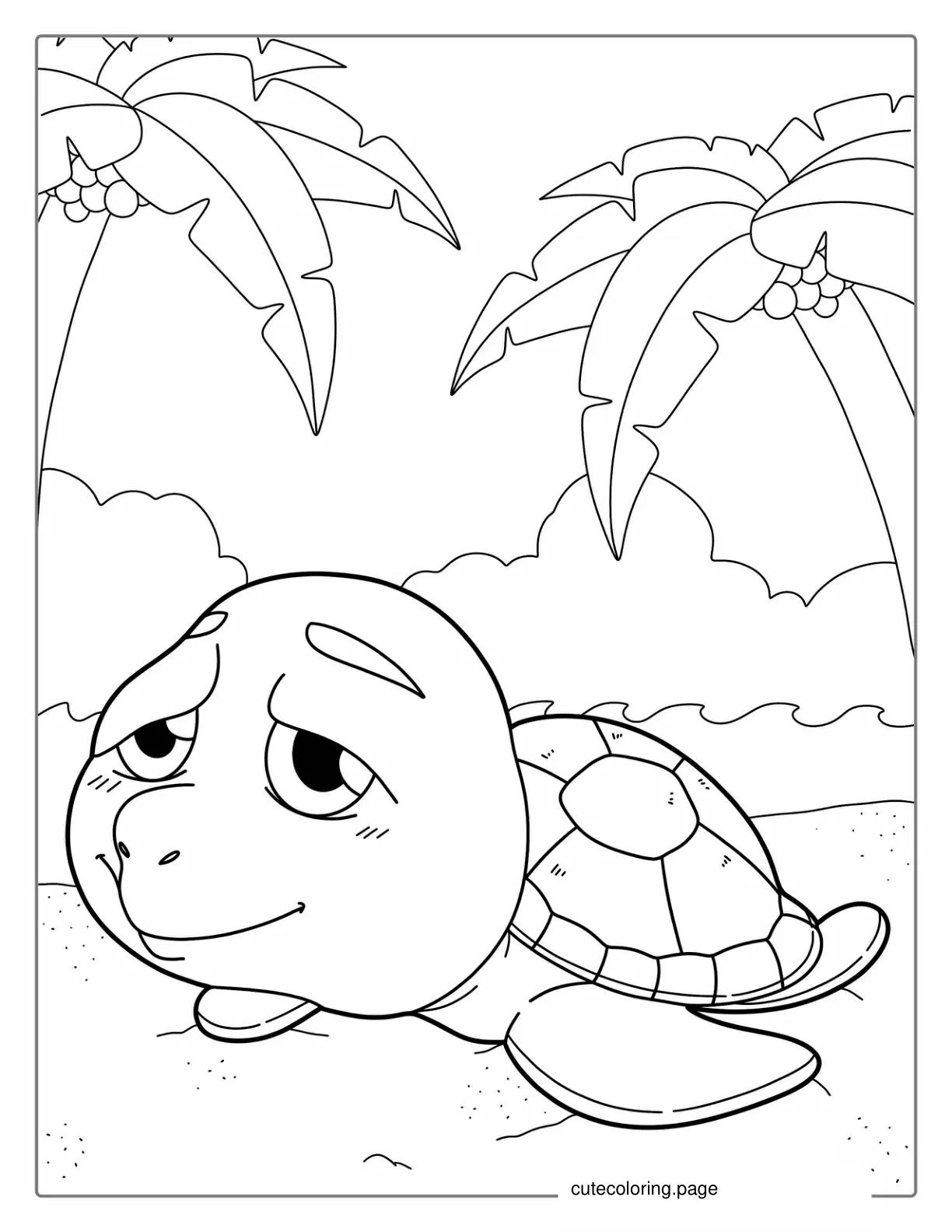 Cartoon Turtle Resting On Beach To Color coloring page