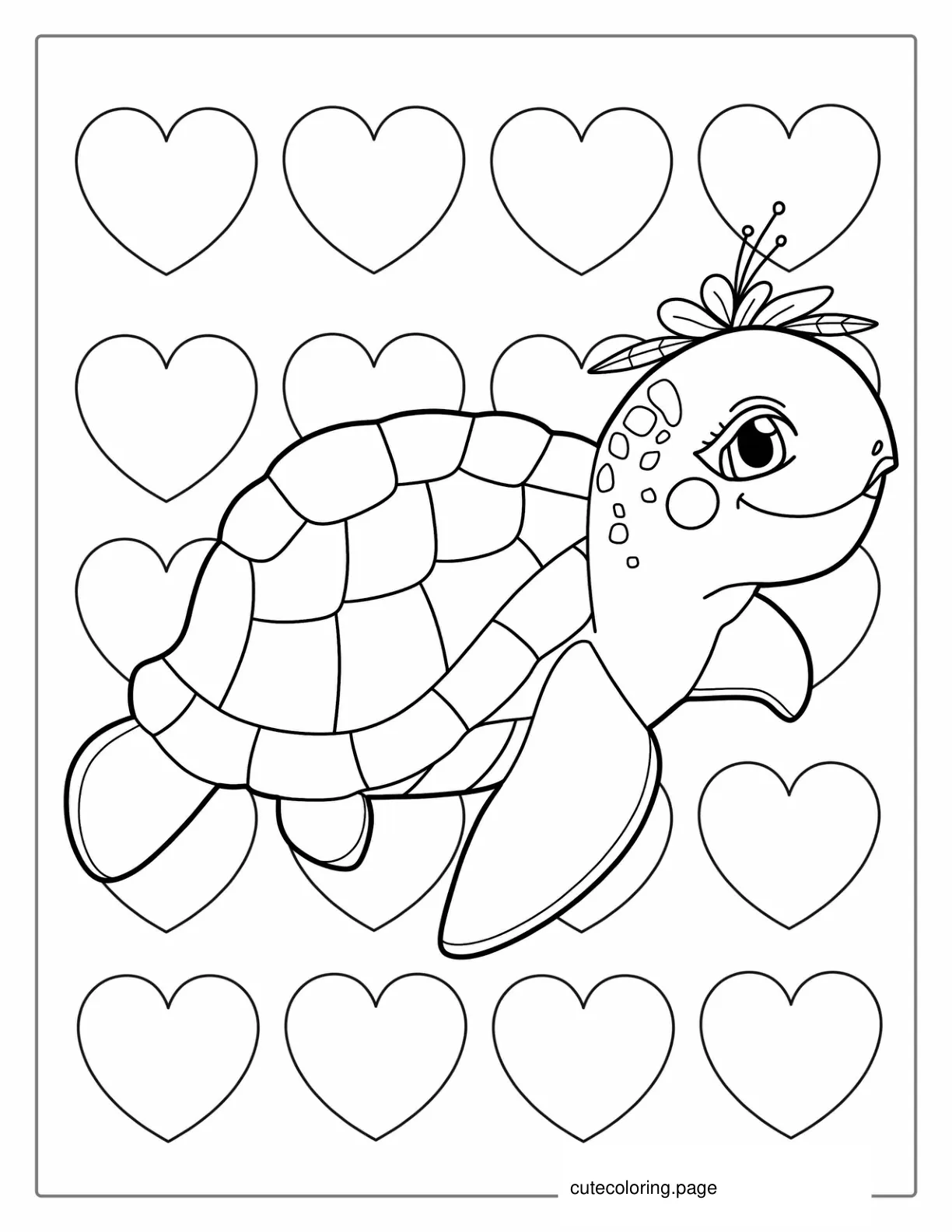 Cute Baby Turtle With Love Hearts To Color coloring page