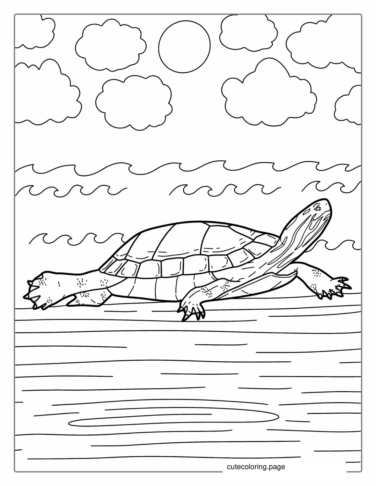 Eastern River Turtle Resting On Log coloring page