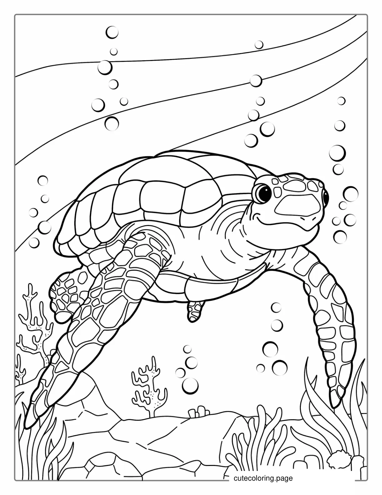 Smiling Turtle Swimming Under Water coloring page