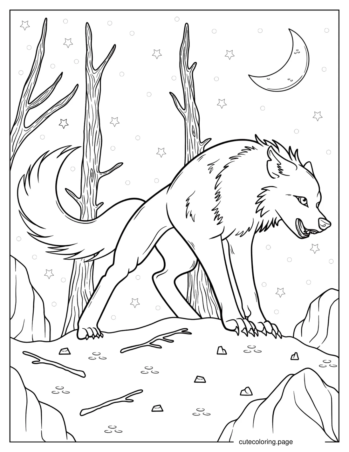 Big Scary Wolf At Night Coloring Page For Kids 1 coloring page