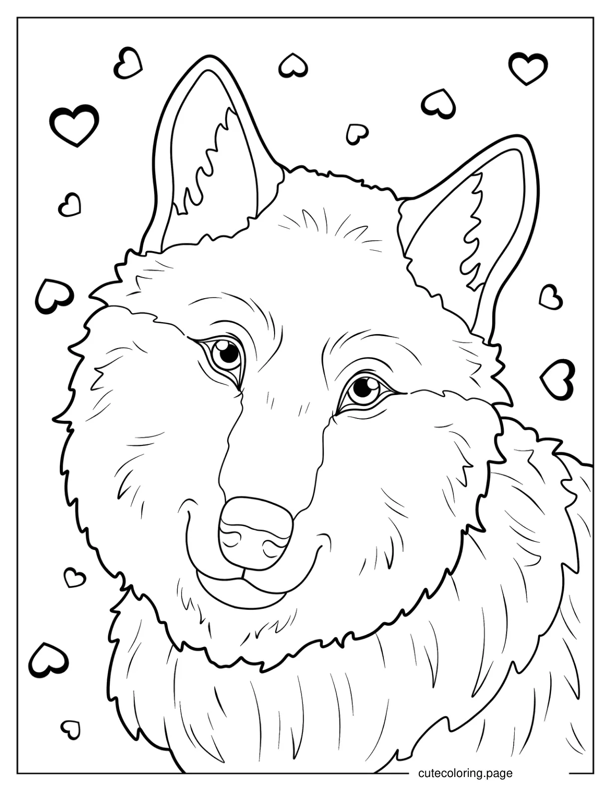 Close Up Of Fluffy Wolf With Hearts Coloring Page For Kids 1 coloring page