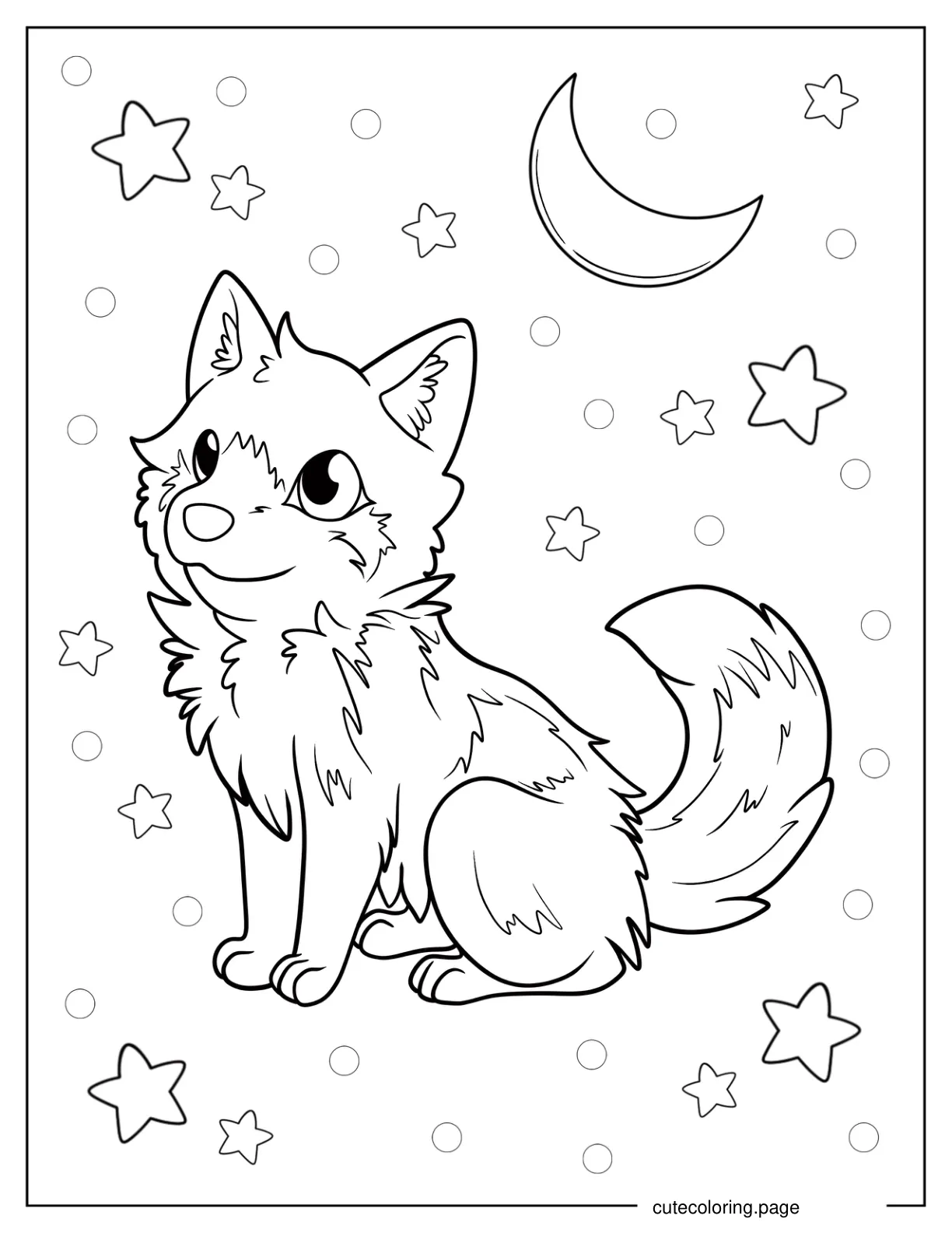 Cute Cartoon Wolf Under Crescent Moon Coloring Page For Kids 1 coloring page