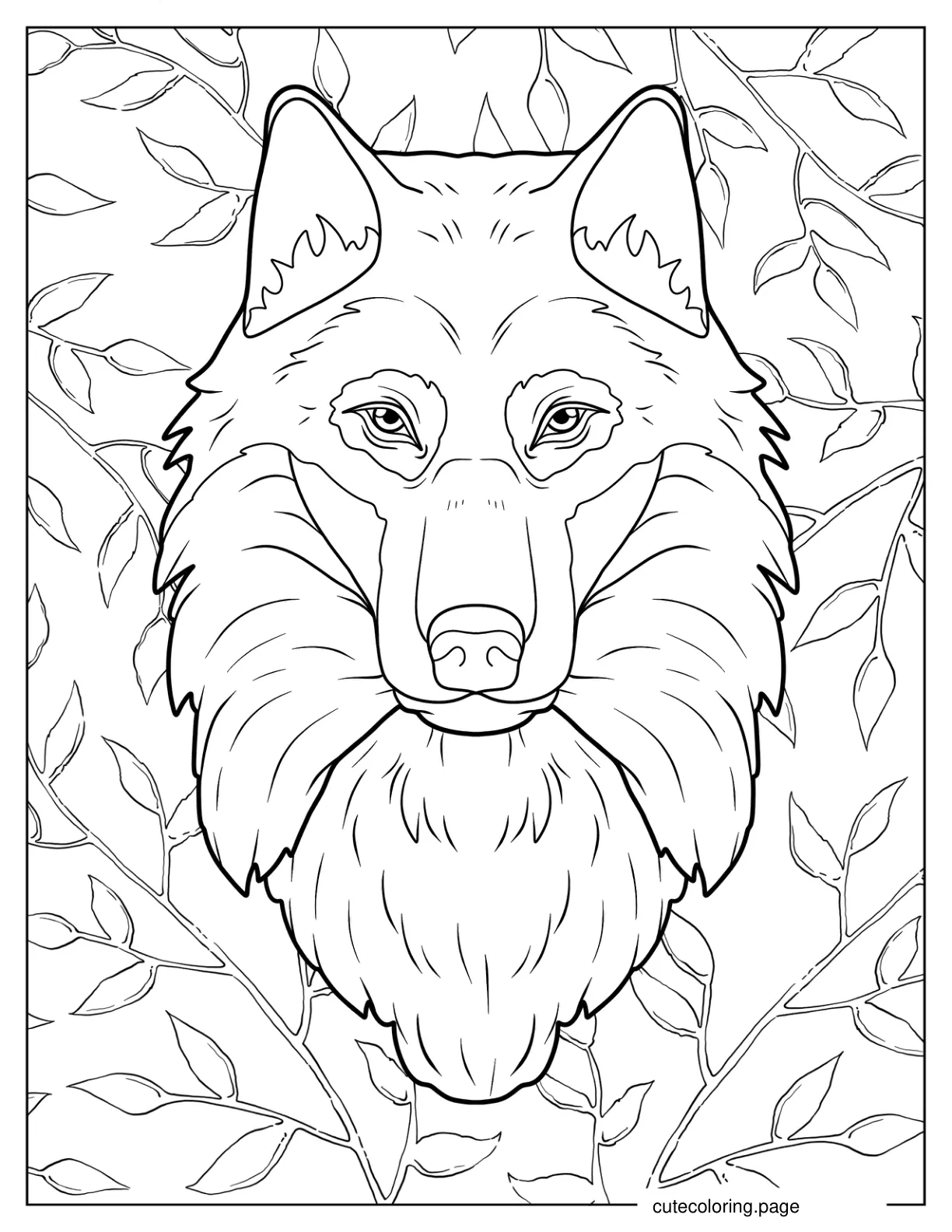 Detailed Wolf Head With Leafy Background Coloring Page 1 coloring page