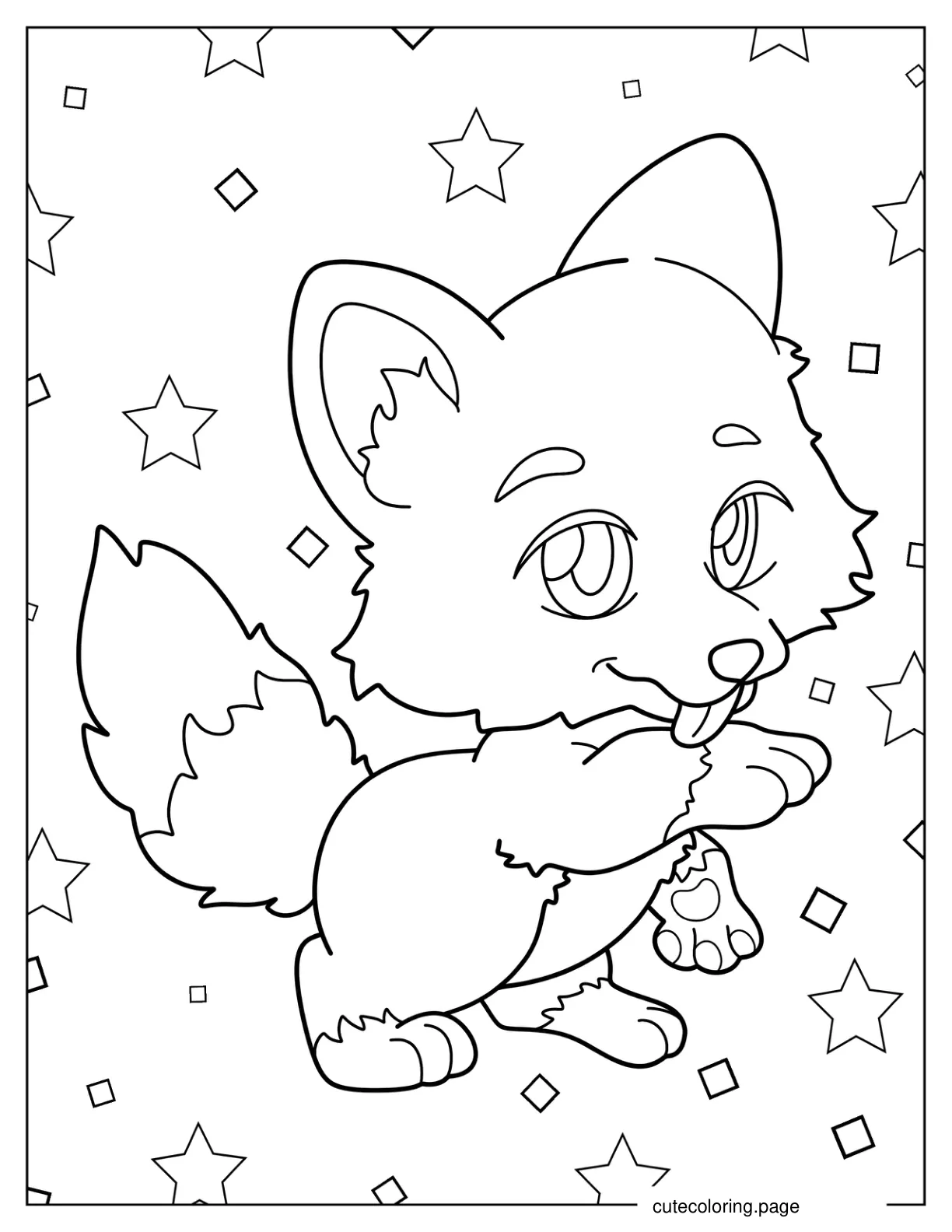 Kawaii Wolf Licking Paw Coloring Page For Preschoolers 1 coloring page