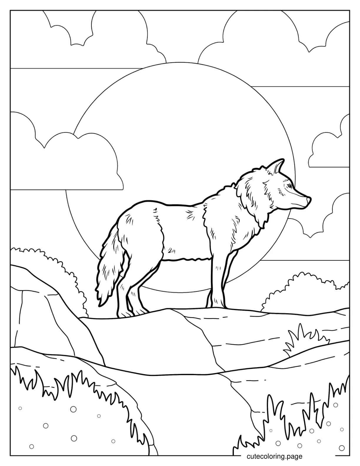 Realistic Big Wolf Standing In Front Of Full Moon coloring page