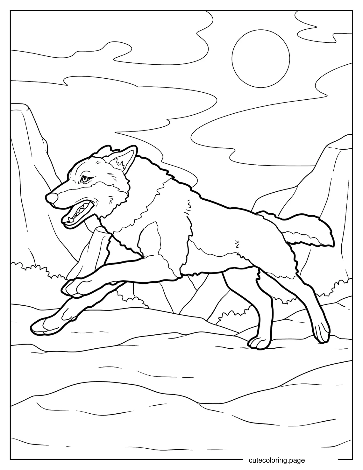 Running Wolf In Rocky Terrain Coloring Page 1 coloring page