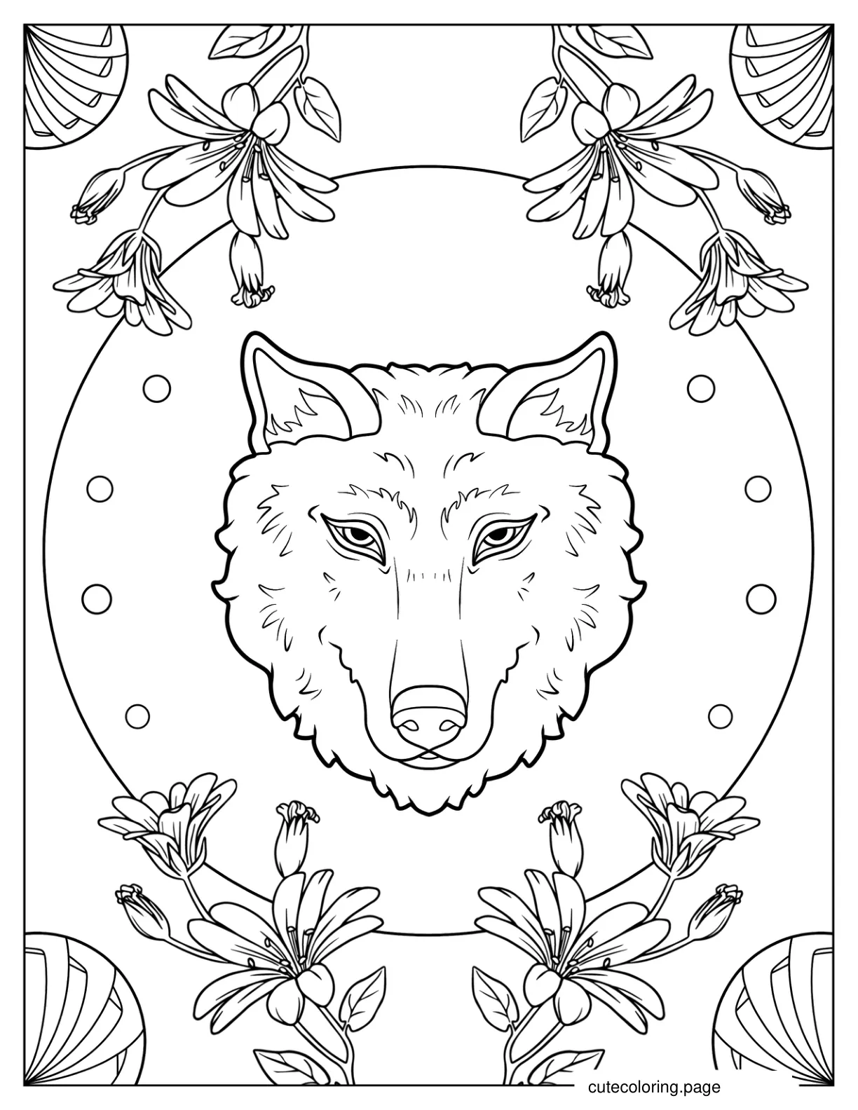 Simple Wolf Face Outline With Flowers Coloring Sheet coloring page