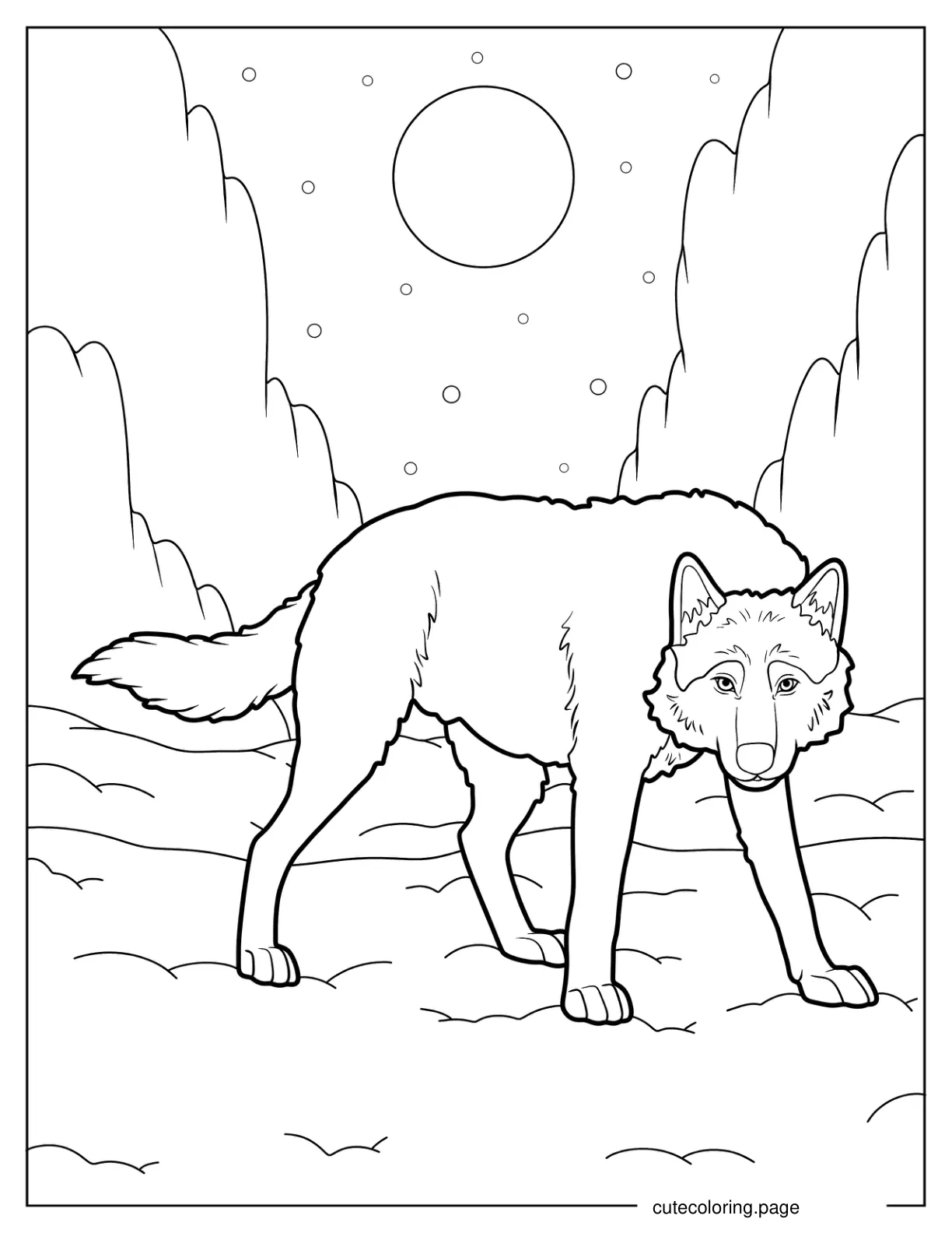 Simple Wolf Outline On A Full Moon Coloring Page For Kids coloring page