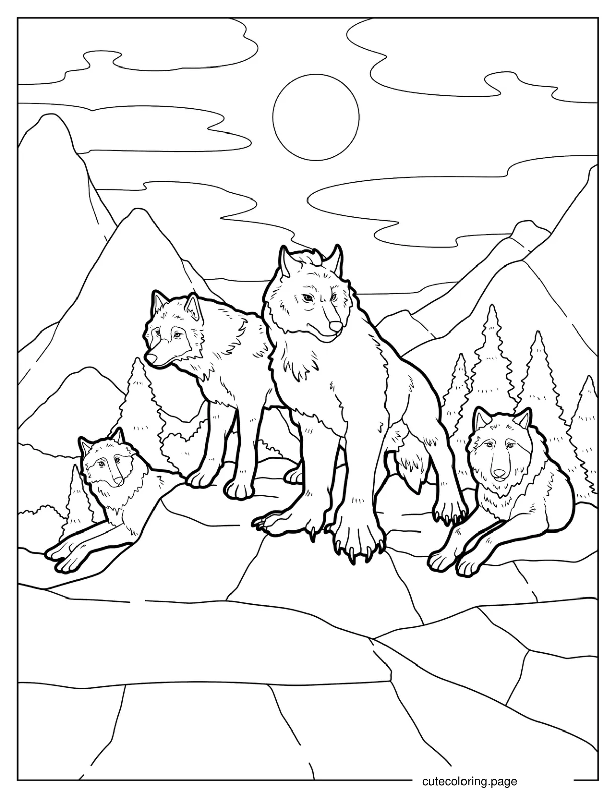 Wolf Pack Resting On Rock coloring page